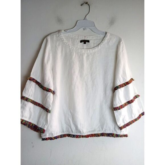 For Cynthia Women White w/Multicolor Fringe 100% Linen Boxy Blouse size Medium - Picture 1 of 10